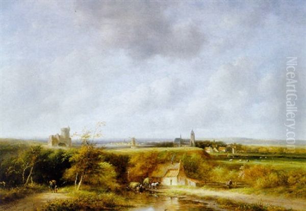 A Summer Landscape With Peasants By A Farm, A Village In The Distance Oil Painting by Jan Evert Morel the Younger