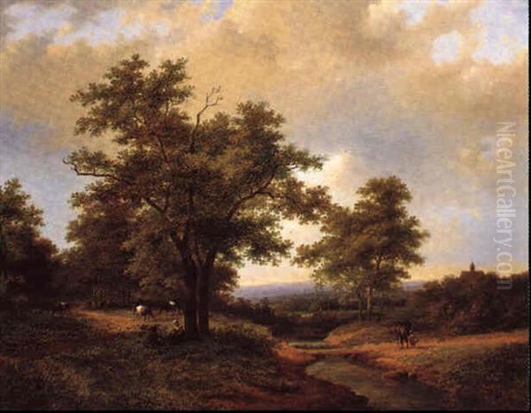Countryfolk And Cattle In A Wooded River Landscape Oil Painting by Jan Evert Morel the Younger
