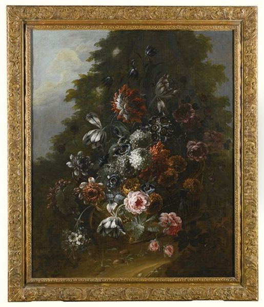 Still Life Of Flowers Including Variegated Tulips, Carnations Roses And Other Assorted Flowers Arranged In A Basket Oil Painting by Jean-Baptiste Morel