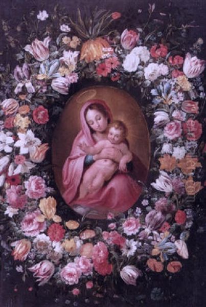 A Garland Of Tulips, Irises, Roses, A Crown Imperial And Other Flowers Surrounding The Madonna And Child Oil Painting by Jean-Baptiste Morel