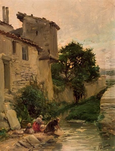 Lavanderas En Un Rio Oil Painting by Jaime Morera y Galicia