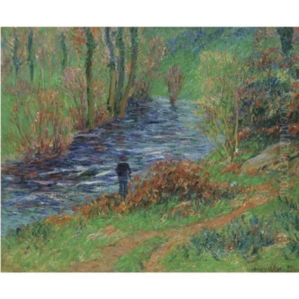 Pecheur Au Bord De La Riviere Oil Painting by Henry Moret
