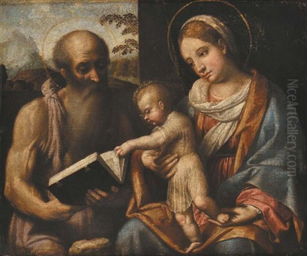 Madonna Con Bambino E Santo Oil Painting by Alessandro Bonvicino (Moretto da Brescia)