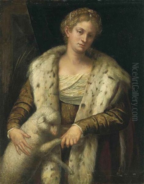 Portrait Of A Lady As Saint Agnes In A Brown Dress With Fur A Collar Oil Painting by Alessandro Bonvicino (Moretto da Brescia)