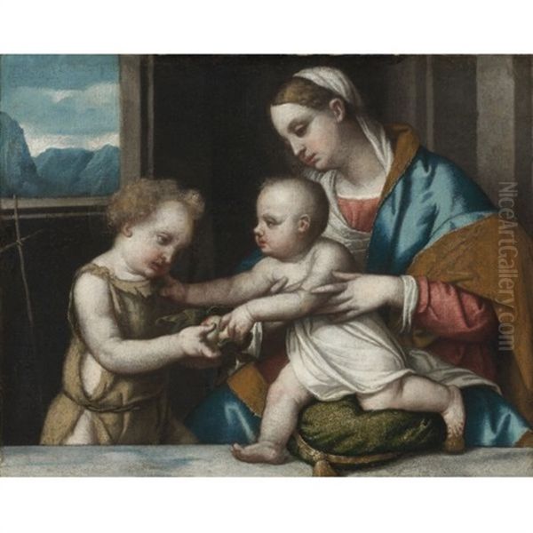 Madonna And Child With The Infant Saint John The Baptist Oil Painting by Alessandro Bonvicino (Moretto da Brescia)