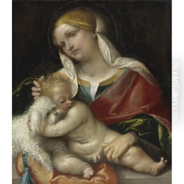 Madonna And Child With A Dog Oil Painting by Alessandro Bonvicino (Moretto da Brescia)