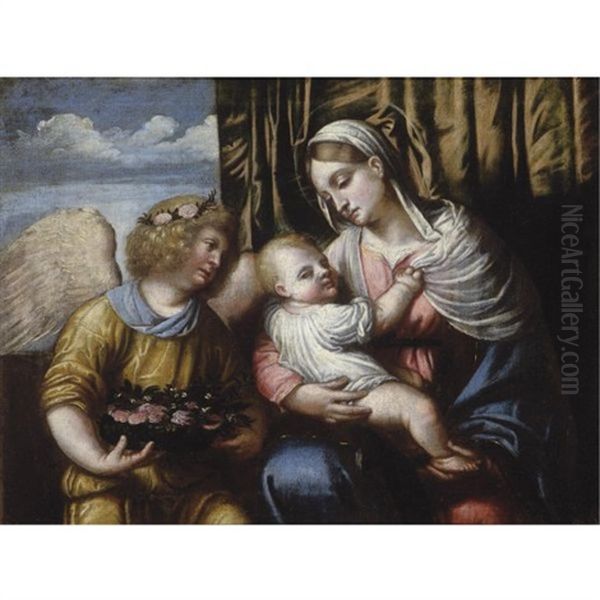 The Madonna And Child With An Angel Oil Painting by Alessandro Bonvicino (Moretto da Brescia)