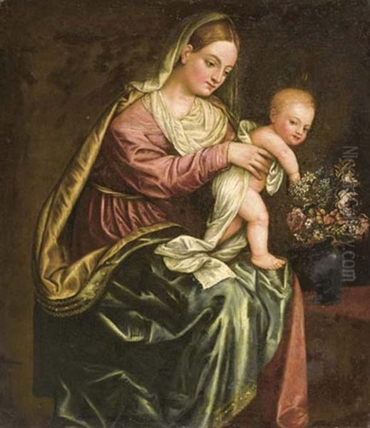 Madonna Con Bambino Con Fiori Oil Painting by Alessandro Bonvicino (Moretto da Brescia)