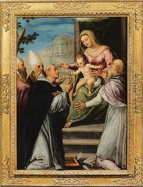 La Madonna E Il Bimbo Consegnano Il Rosario A San Domenico E Altri Santi Oil Painting by Alessandro Bonvicino (Moretto da Brescia)
