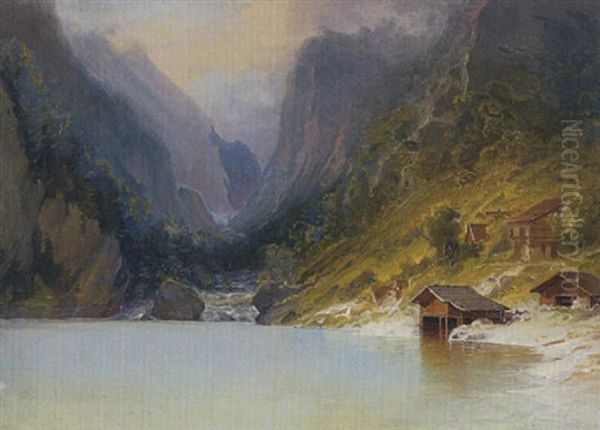Gebirgsee Mit Bauern- Und Bootshausern Oil Painting by Carl Morgenstern