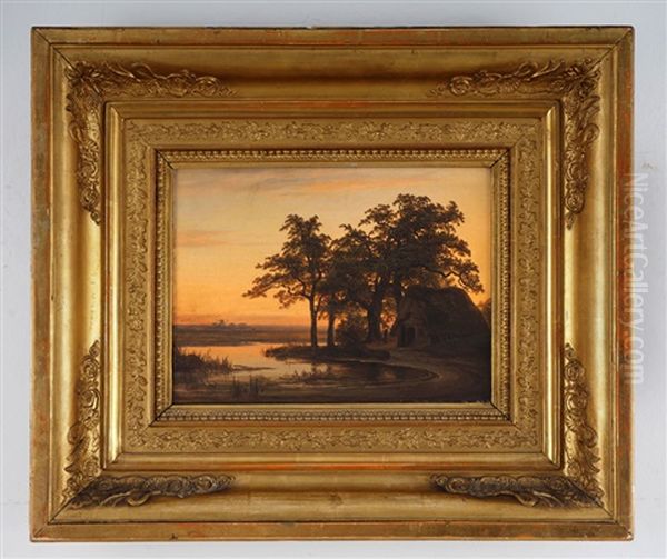 Flusslauf Mit Hutte Im Abendlicht Oil Painting by Christian Bernhard Morgenstern