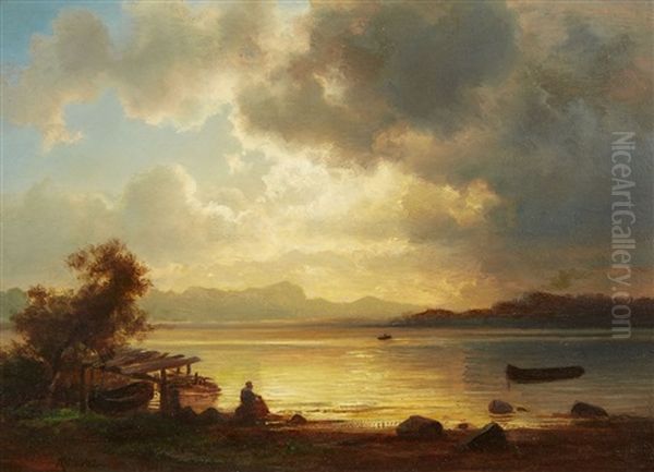 An Evening Mood At Lake Starnberg Oil Painting by Christian Bernhard Morgenstern
