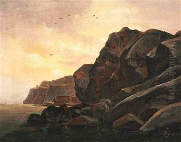 Rocky Norwegian Coast With Fishing Huts And Circling Birds Oil Painting by Christian Bernhard Morgenstern