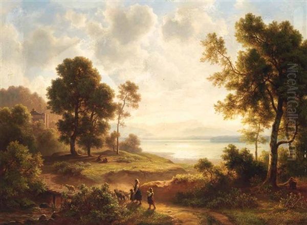 Weite Seelandschaft Mit Hirtin Und Schafen Oil Painting by Christian Bernhard Morgenstern