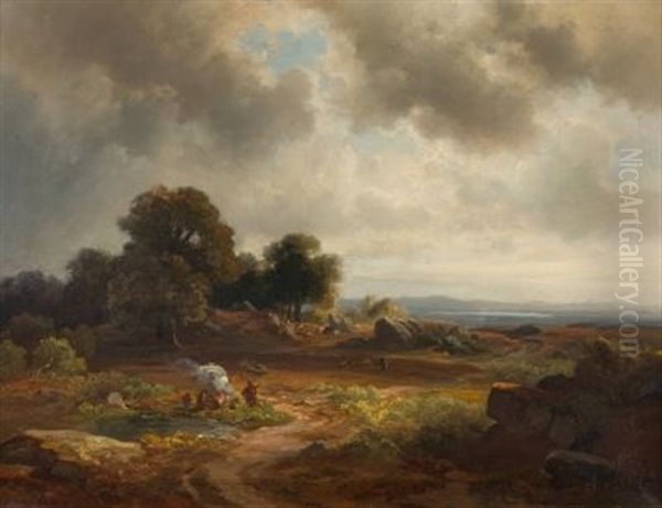 Landschaft Mit Rastenden Hirten An Einem Lagerfeuer, Im Hintergrund Mit Blick Auf Einen See Und Schneebedeckte Berge Oil Painting by Christian Bernhard Morgenstern