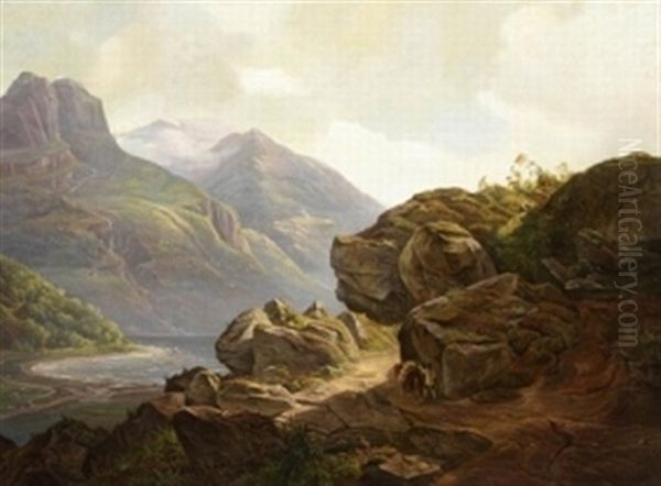 Norwegische Landschaft Mit Gebirgspfad Und Seeufer Oil Painting by Christian Bernhard Morgenstern