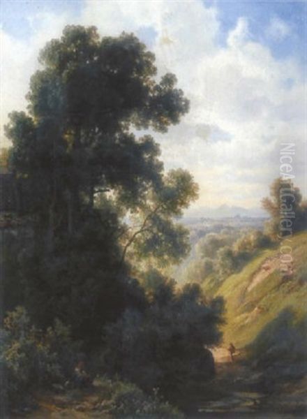 Landschaft Mit Wanderer Und Blick Auf Eine Stadt Oil Painting by Christian Bernhard Morgenstern