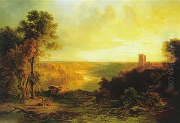 Das Isartal Und Die Burg Schwaneck In Abendbeleuchtung Oil Painting by Christian Bernhard Morgenstern