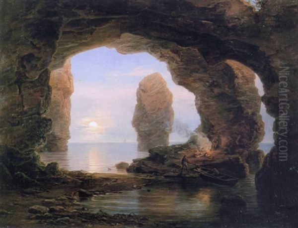 Fisherman In A Grotto, Helgoland Oil Painting by Christian Bernhard Morgenstern