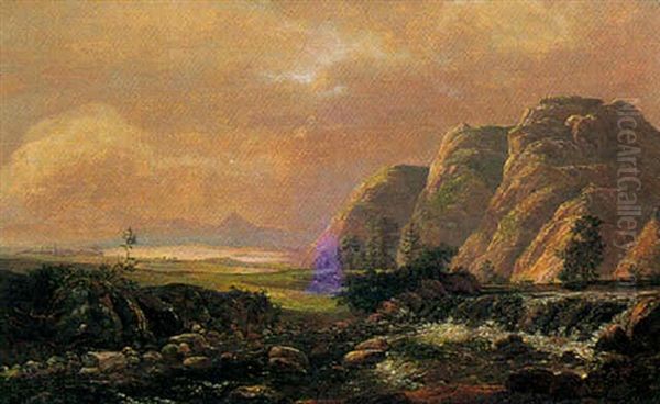 Landskab Med Fos Der Lober Ud I En Fjord, Antagelig Fra Norge Oil Painting by Christian Bernhard Morgenstern