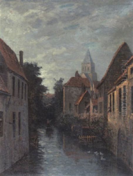 Abendstimmung Am Kanal In Einer Stadt Oil Painting by Friedrich Ernst Morgenstern