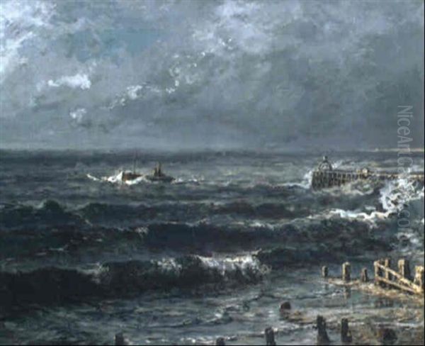 Die Mole Von Nieuport/belgien An Einem Sturmischen Tag Oil Painting by Friedrich Ernst Morgenstern