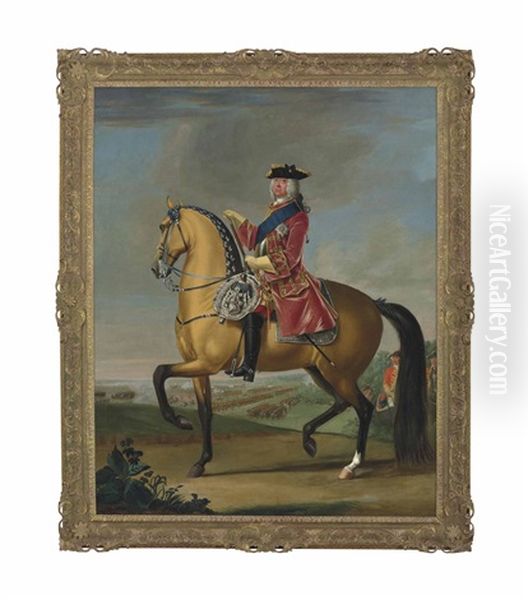 Equestrian Portrait Of King George Ii (1683-1770), In A Red Velvet Coat With Gold Embroidery, In A Landscape With A Military Camp And Infantry Beyond Oil Painting by David Morier