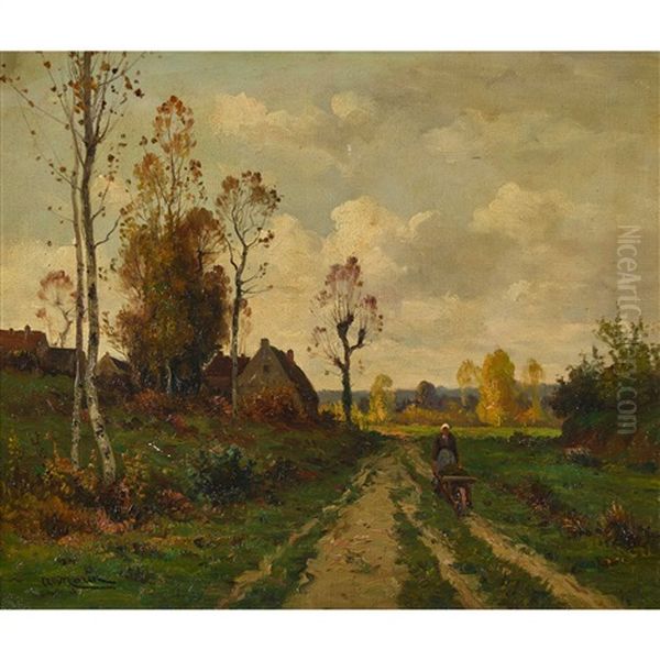Franzosische Dorflandschaft Mit Bauerin Oil Painting by Adolphe Morin