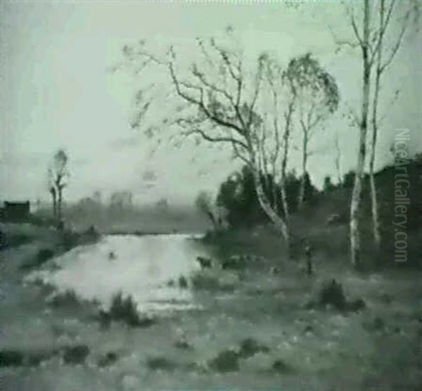 Peasant With Watering Cows At Dusk Oil Painting by Adolphe Morin