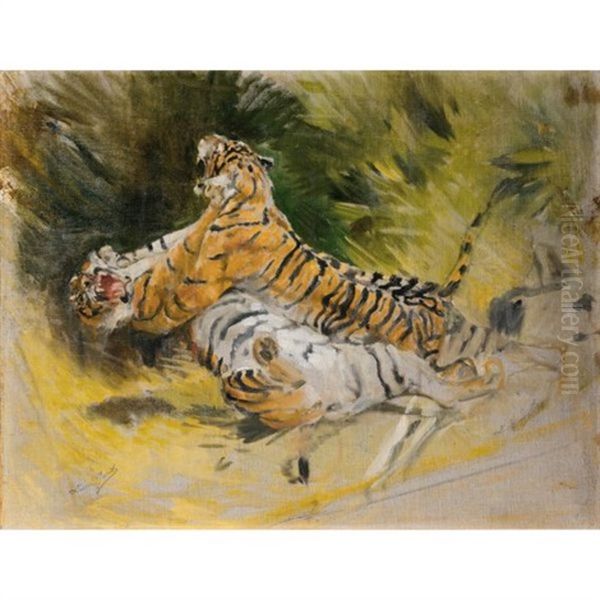 Deux Tigres Combattant Oil Painting by Aime-Nicolas Morot