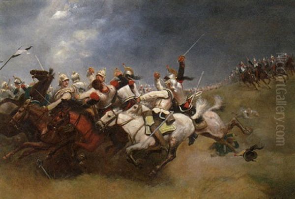 A Cavalry Skirmish Oil Painting by Aime-Nicolas Morot