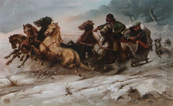A Troijka Oil Painting by Aleksandr Ivanovich Morozov