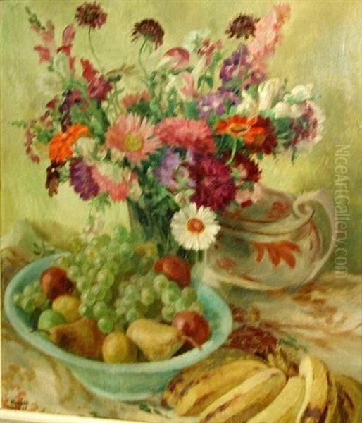A Still Life Of Daisies And Poppies In A Green Vase, A Bowl Of Fruit Beside Oil Painting by George Morren