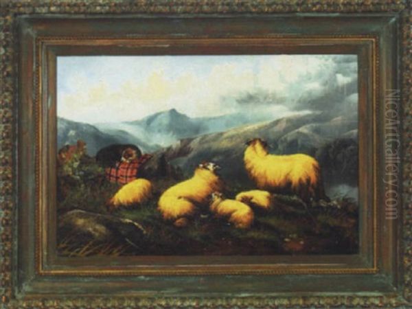 Highland Sheep With Dog Oil Painting by John W. Morris