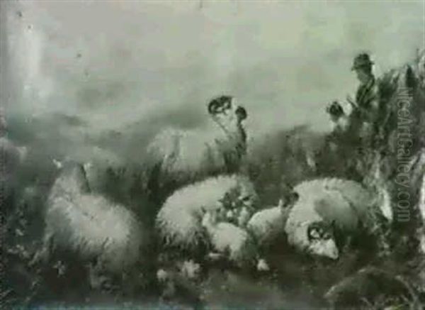 Country Gentleman And His Dog Tending Flock Oil Painting by John W. Morris