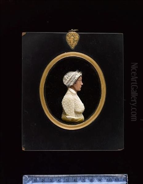 A Lady, Profile To Right, Wearing Sprigged White Dress, Her Brown Hair Upswept Beneath A Ruffled White Cap Oil Painting by David Morrison