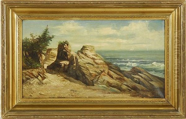 Rocky Coastal Landscape With Distant Ships Oil Painting by Jonathan Bradley Morse