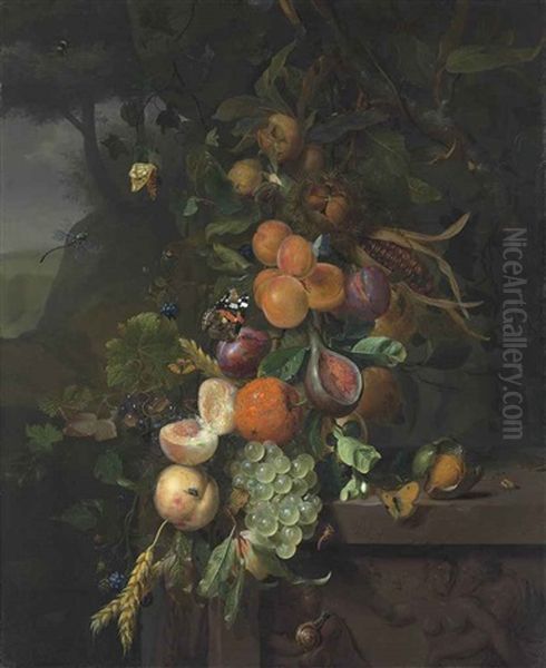 Peaches, Apricots, Plums, Grapes And Other Fruit, Ears Of Corn, Hazelnuts And A Walnut On A Plinth With A Sculpted Relief, With An Admiral, A Dragonfly And Other Insects In A Wooded Landscape Oil Painting by Jan Mortel
