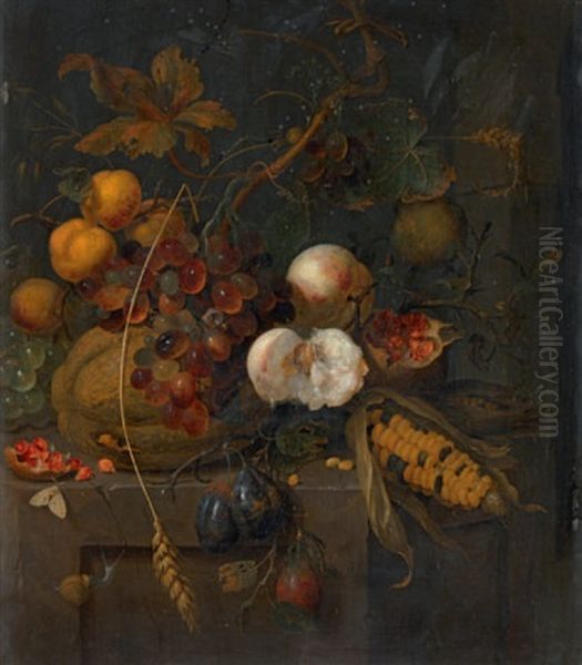 Stillleben Mit Fruchten Und Maiskolben, Schnecken, Schmetterling Und
Libelle Oil Painting by Jan Mortel