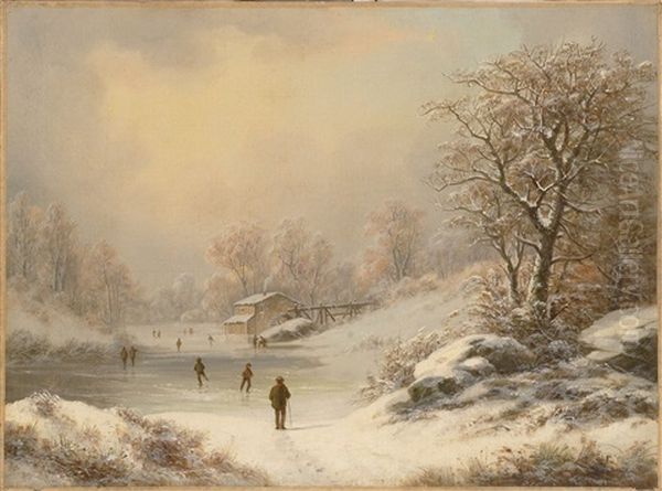 Figures Skating In A Snow-filled Landscape Oil Painting by Joseph Morviller
