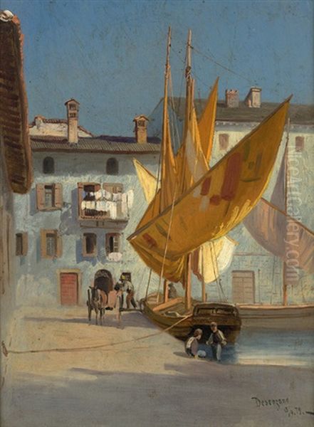 Fischerboote In Desenzano Am Gardasee Oil Painting by Adolf Mosengel