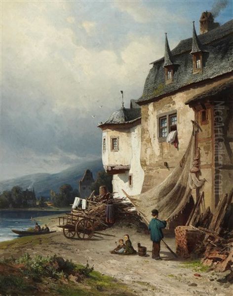Fischer Beim Netzeflicken Vor Seinem Haus Am Ufer Oil Painting by Adolf Mosengel