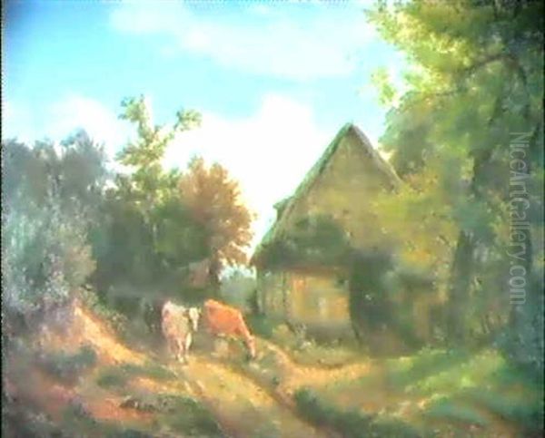 Blick Auf Ein Reetgedecktes Bauernhaus In Baumbestandener   Norddeutscher Landschaft Oil Painting by Adolf Mosengel