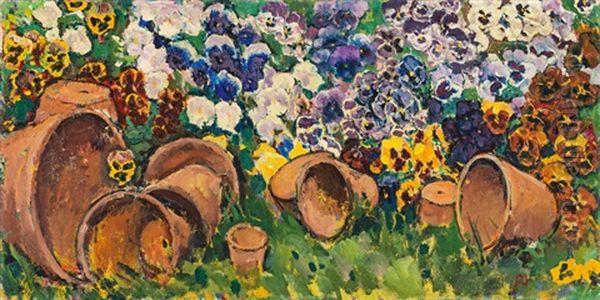 Pansies With Flower Pots Oil Painting by Kolo Moser