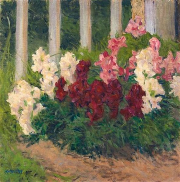 Blumen Vor Gartenzaun (flowers Before A Garden Fence) Oil Painting by Kolo Moser