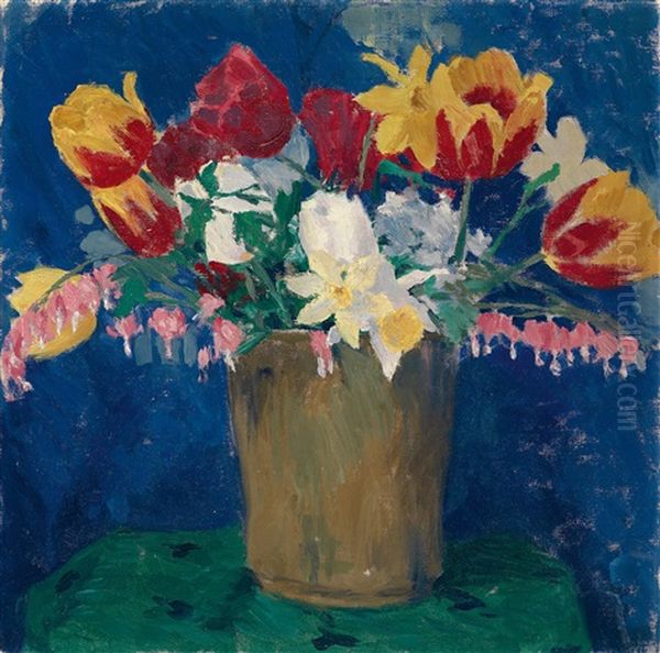 Fruhlingsblumenstraus Mit Tulpen, Narzissen Und Tranenden Herzen Oil Painting by Kolo Moser