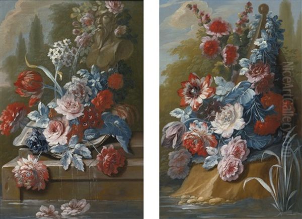 Bouquets Of Flowers On A Ledge Above Water (pair) Oil Painting by Mary Moser