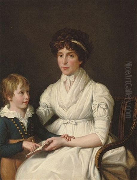 Portrait Of Lady, Seated, Half-length, Reading With Her Son Oil Painting by Jean Laurent Mosnier