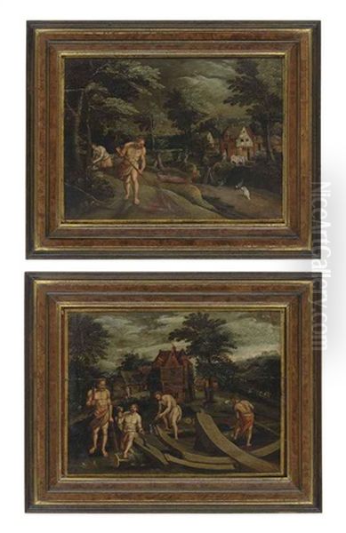 The Toil Of Man (+ The Building Of Noah's Ark; Pair) Oil Painting by Gillis Mostaert the Elder