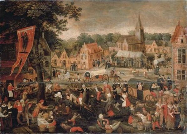 A Town Kermesse Oil Painting by Gillis Mostaert the Elder
